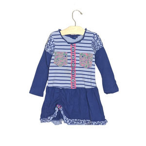 Naartjie Kids Dress Purple/Blue Striped bodice solid sleeves skirt Floral pocket